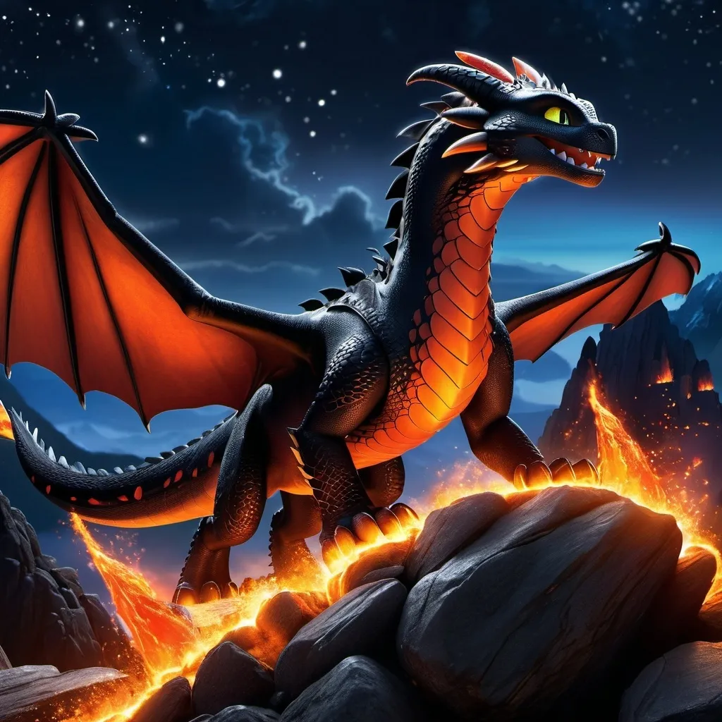 Prompt: Make hookfang from how to train your dragon, on fire, intimidating, hyper realistic, hyper detailed, standing on a rock, glowing with fire, night sky, 