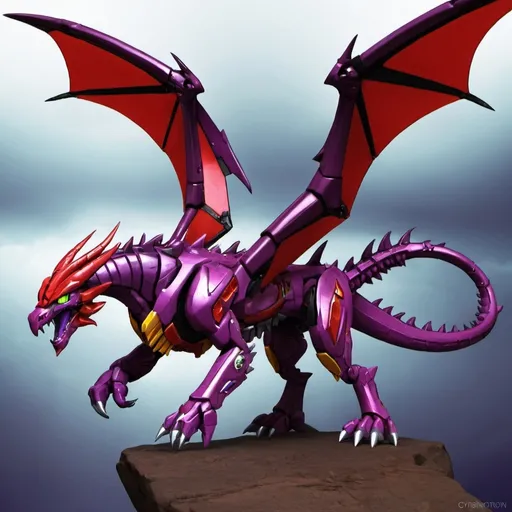 Prompt: Predacon, cybertronian dragon, crimson red, female, huge, purple eyes, long horns