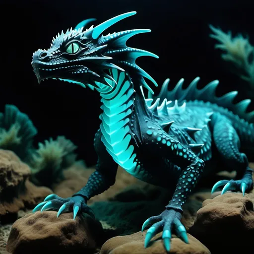 Prompt: Deep sea water dragon black in color with teal bioluminescent spots 