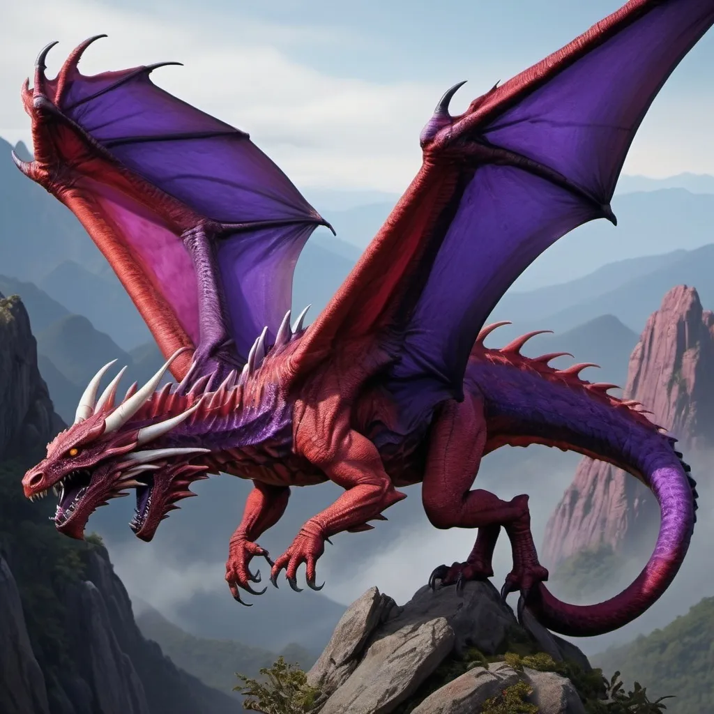 Prompt: Red and purple mountain banshee, hyper realistic, large, dragon-like aerial predators that are native to Pandora.