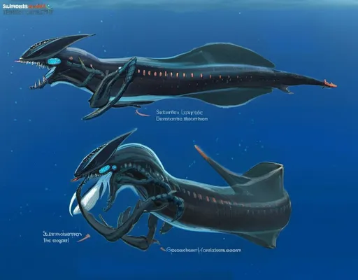 Prompt: Subnautica leviathan creature concept, really huge, lives in the void biome, has front claws and long spiked tell, sea dragon, full image