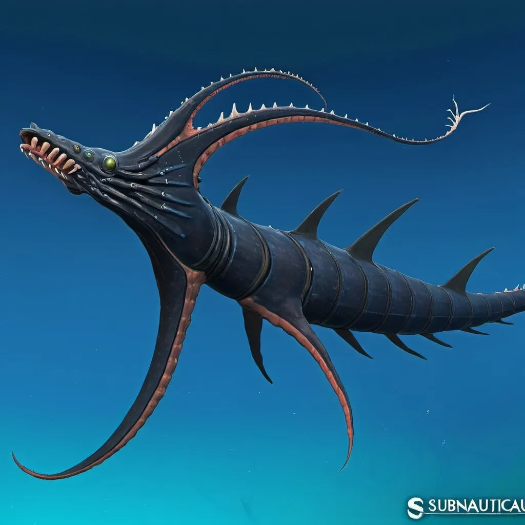 Prompt: Subnautica leviathan creature concept, really huge, lives in the void biome, has front claws and long spiked tell, sea dragon like