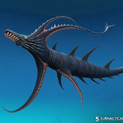 Prompt: Subnautica leviathan creature concept, really huge, lives in the void biome, has front claws and long spiked tell, sea dragon like