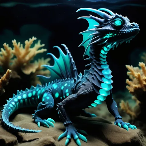 Prompt: Deep sea water dragon black in color with teal bioluminescent spots 