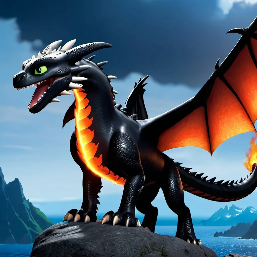 Prompt: Make hookfang from how to train your dragon, on fire, intimidating, hyper realistic, hyper detailed, standing on a rock, glowing with fire, night sky, 