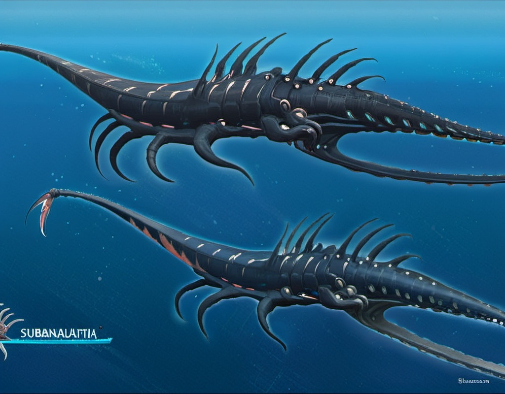 Prompt: Subnautica leviathan creature concept, really huge, lives in the void biome, has front claws and long spiked tell, sea dragon, full image