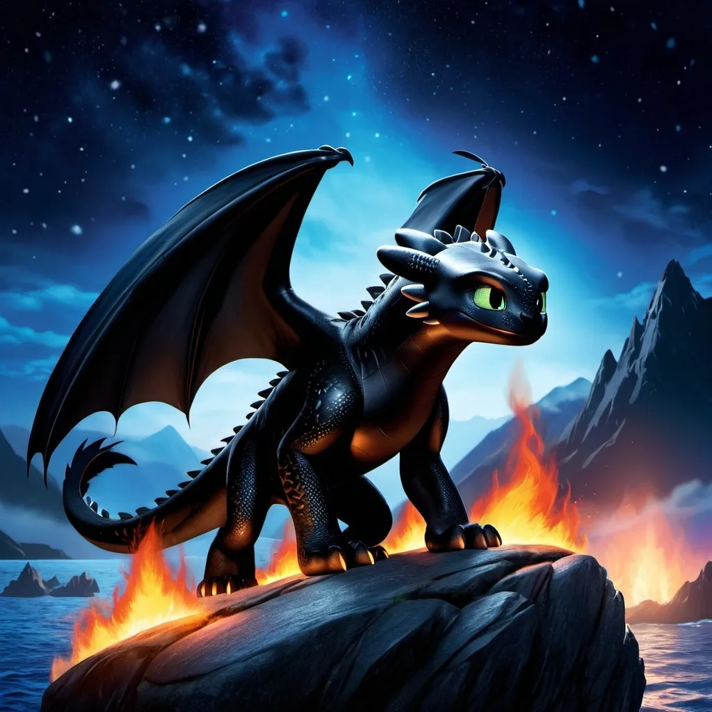 Prompt: Make night fury from how to train your dragon, on fire, intimidating, hyper realistic, hyper detailed, standing on a rock, glowing with fire, night sky, 