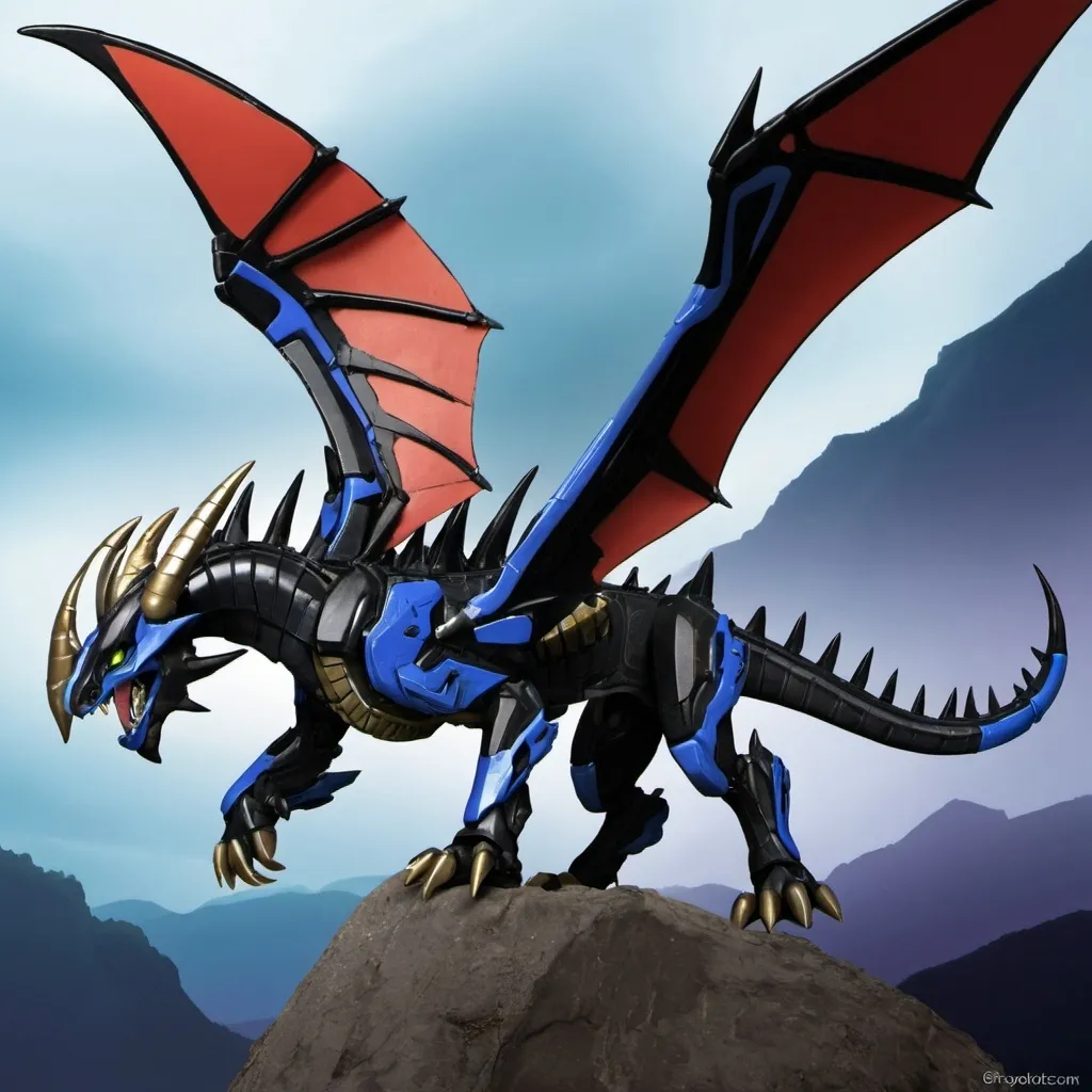 Prompt: Predacon, cybertronian dragon, black and blue, female, huge, long horns, huge wings