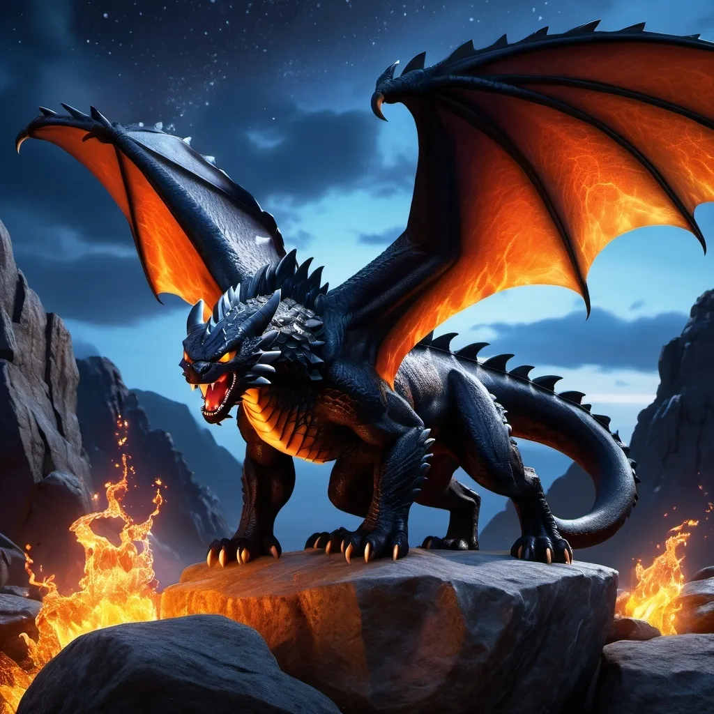 Prompt: Make night fury and monsterous nightmare hybrid from how to train your dragon, on fire, intimidating, hyper realistic, hyper detailed, standing on a rock, glowing with fire, night sky, 