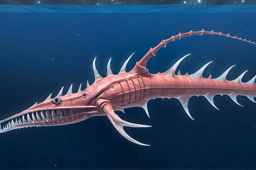 Prompt: Subnautica leviathan creature concept, really huge, lives in the void biome, has front claws and long spiked tell, sea dragon like, full image