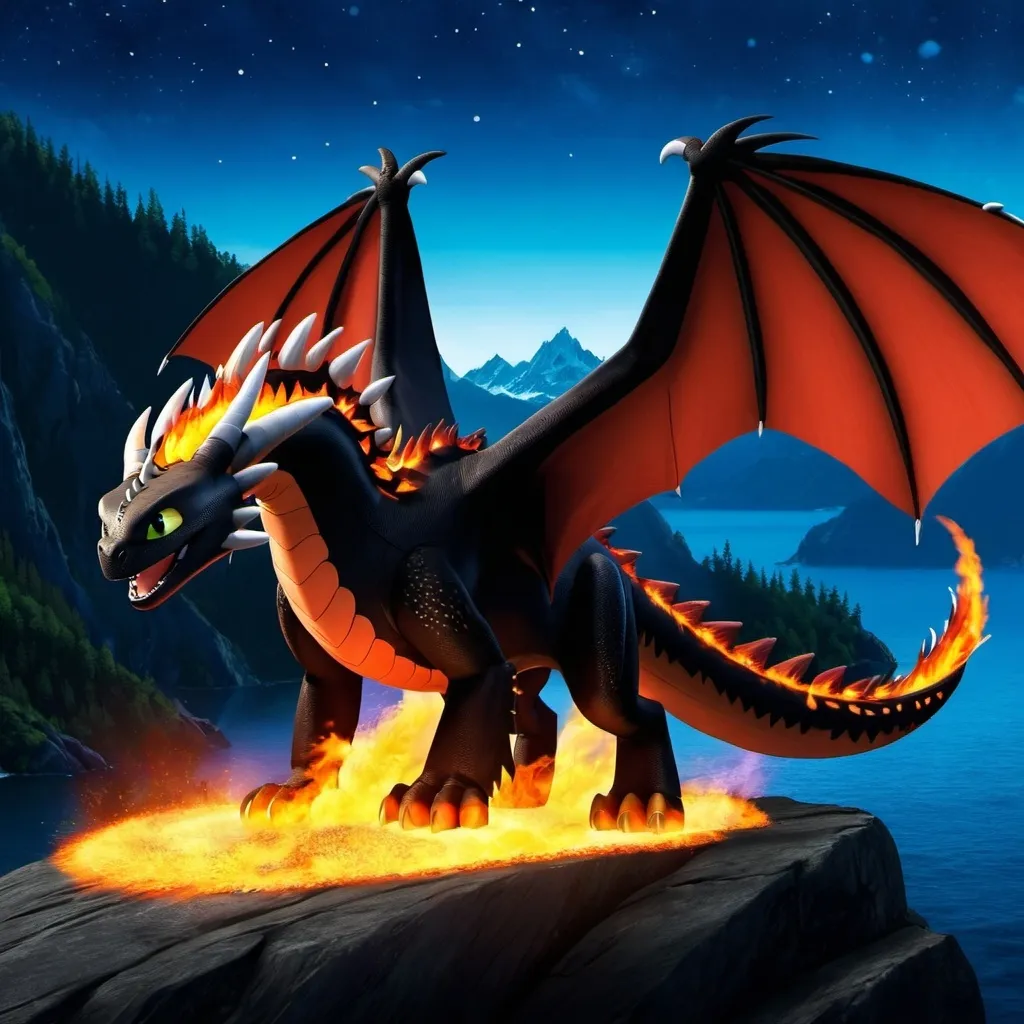 Prompt: Make hookfang from how to train your dragon, on fire, intimidating, hyper realistic, hyper detailed, standing on a rock, glowing with fire, night sky, 