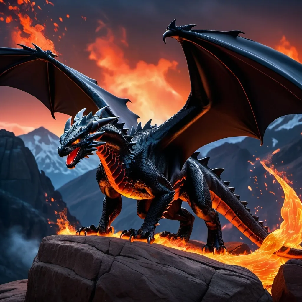 Prompt: Make night fury from how to train your dragon, on fire, intimidating, hyper realistic, hyper detailed, standing on a rock, glowing with fire, night sky, 