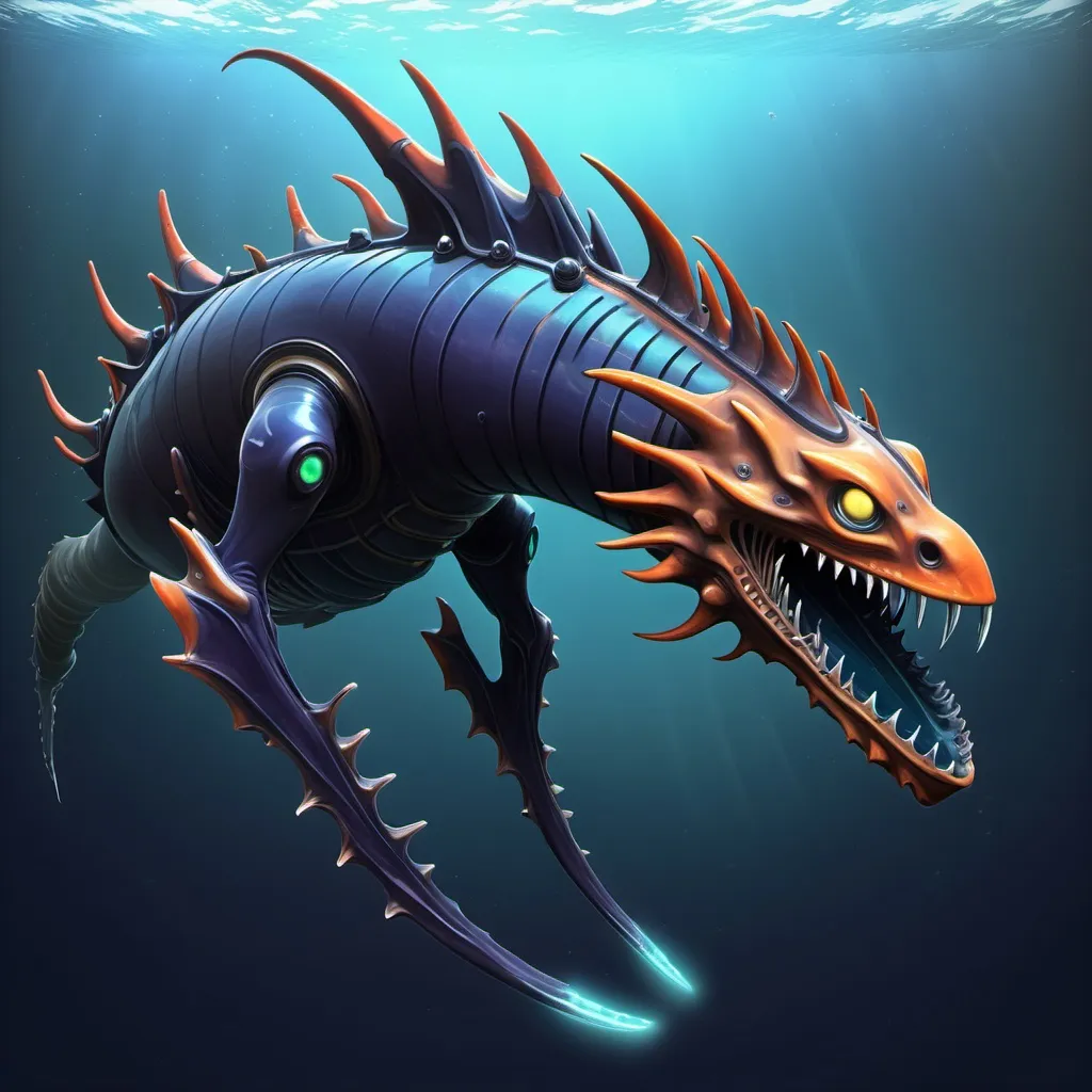 Prompt: Subnautica leviathan creature concept, really huge, lives in the void biome, has front claws and long spiked tell, sea dragon like