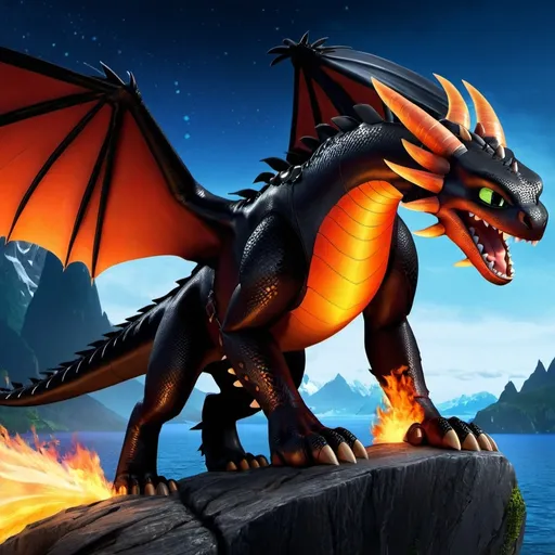 Prompt: Make hookfang from how to train your dragon, on fire, intimidating, hyper realistic, hyper detailed, standing on a rock, glowing with fire, night sky, 