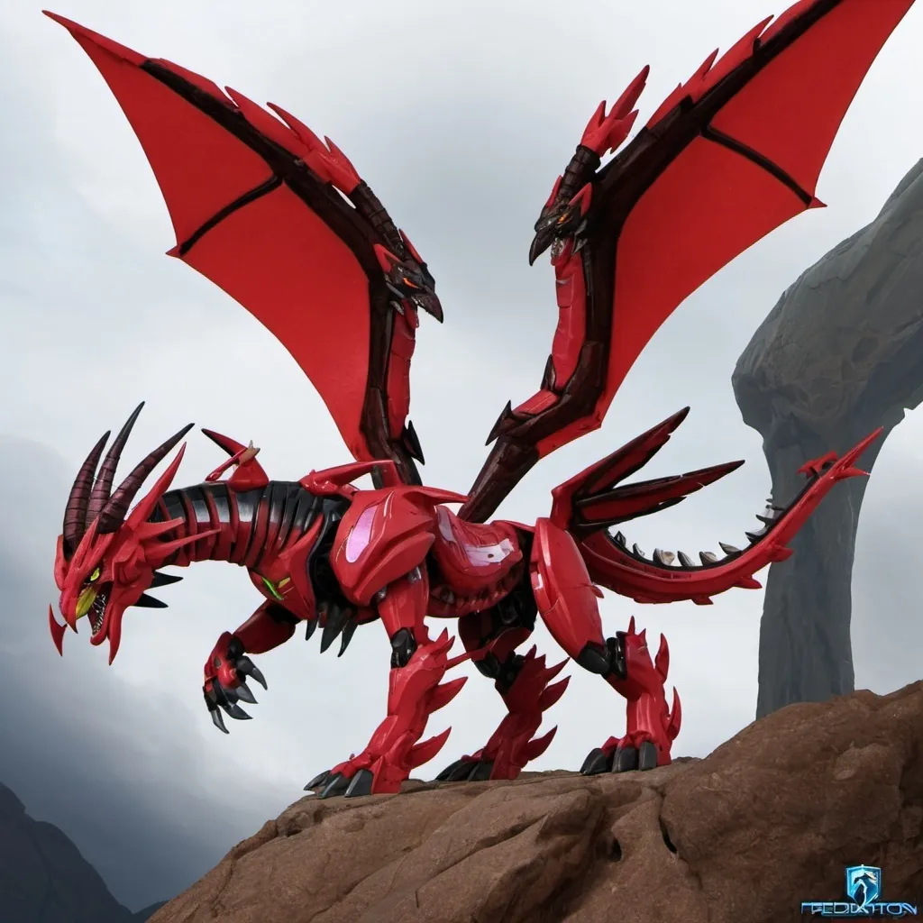 Prompt: Predacon, cybertronian dragon, crimson red, female, huge, long horns, huge wings