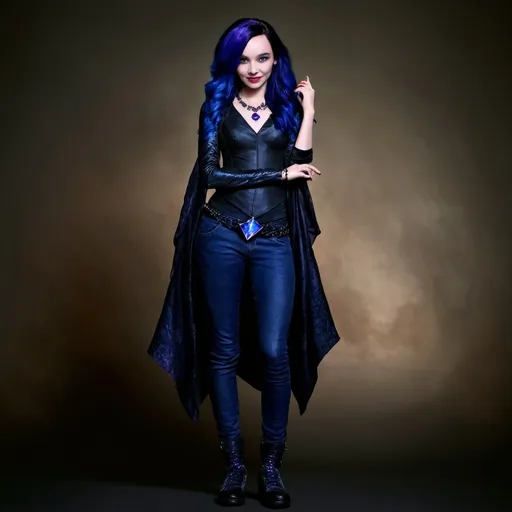 Prompt: Disney descendants, Maleficent and hades fusion, teenager female, blue and purple hair wearing a black diamond necklace 