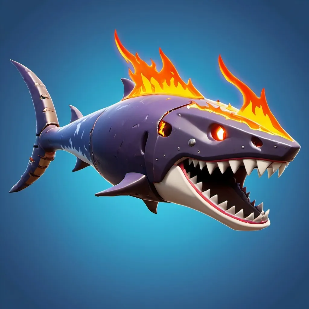 Prompt: Fortnite wrecked glider legendary rarity metal shark with flames