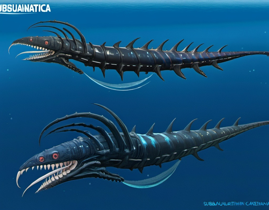 Prompt: Subnautica leviathan creature concept, really huge, lives in the void biome, has front claws and long spiked tell, sea dragon, full image