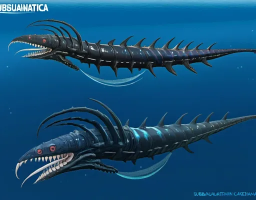 Prompt: Subnautica leviathan creature concept, really huge, lives in the void biome, has front claws and long spiked tell, sea dragon, full image