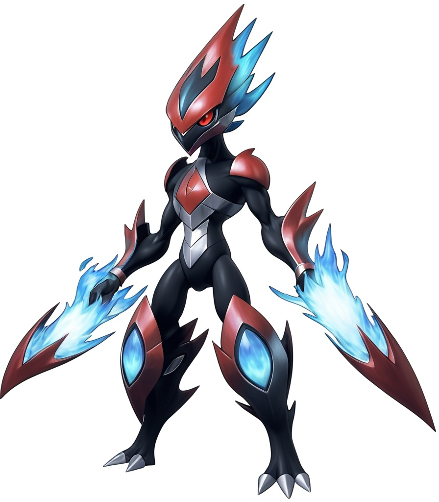 Prompt: Pokemon Ceruledge, black and red flames with silver armor and crimson red eyes