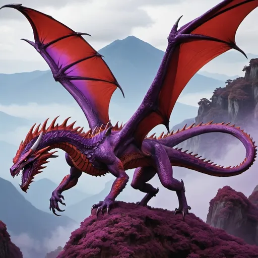 Prompt: Red and purple mountain banshee, large, dragon-like aerial predators that are native to Pandora.