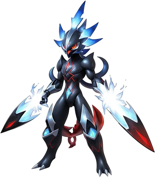 Prompt: Pokemon Ceruledge, black and red flames with silver armor and crimson red eyes