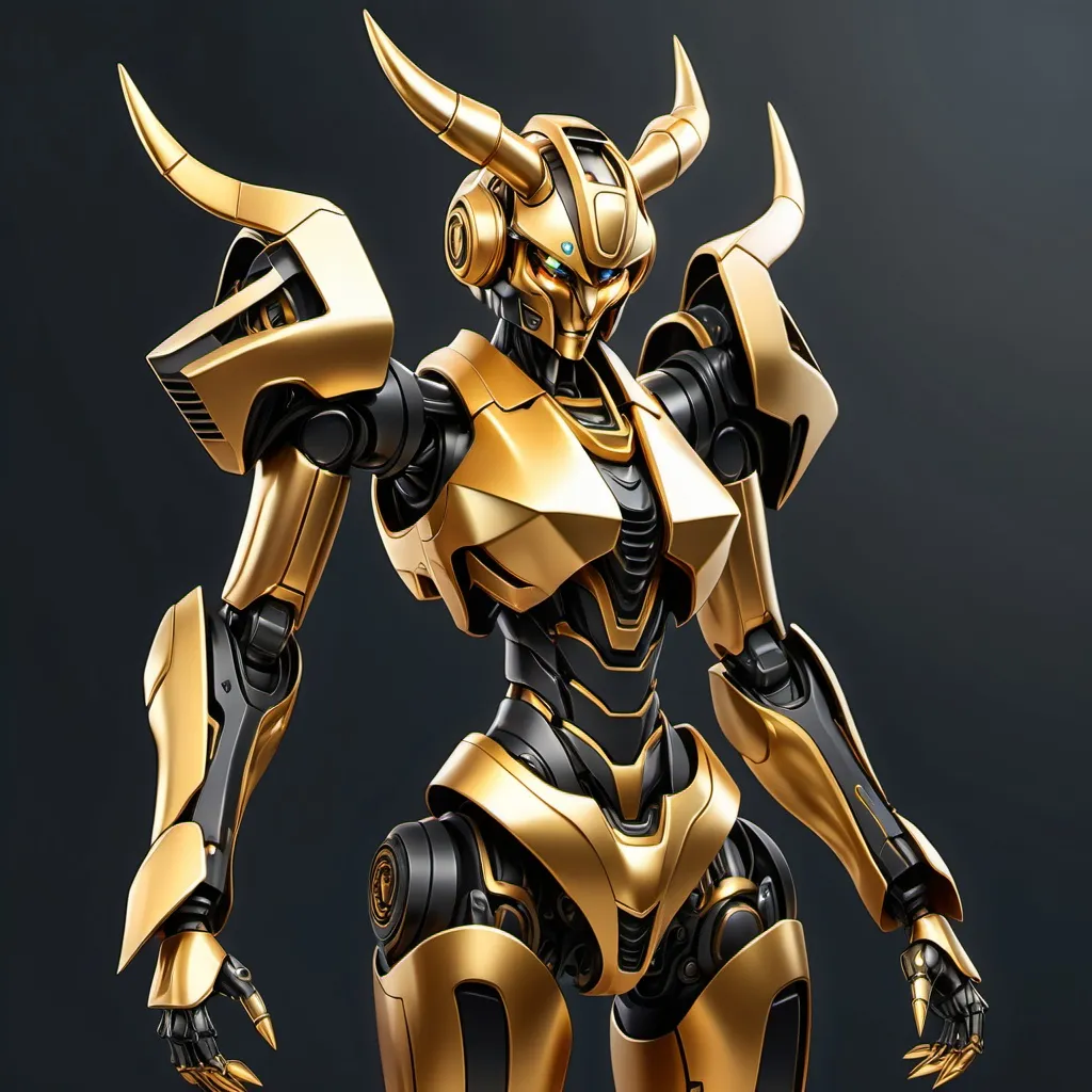 Prompt: Female mecha with long curved horns on head that is gold and black in coloring, female mech body transformer cartoon full body