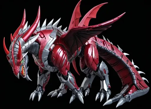 Prompt: Predacon, cybertronian dragon, crimson red with silver underbelly, female, huge, long horns, huge wings