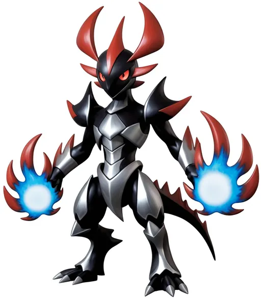 Prompt: Pokemon Ceruledge, black and red flames with silver armor and crimson red eyes