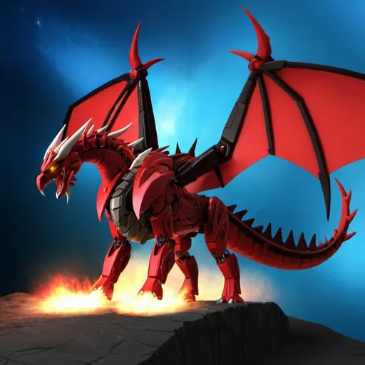 Prompt: Predacon, cybertronian dragon, crimson red, female, huge, long horns, huge wings