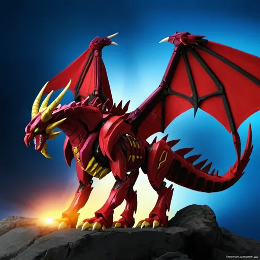 Prompt: Predacon, cybertronian dragon, crimson red, female, huge, long horns, huge wings