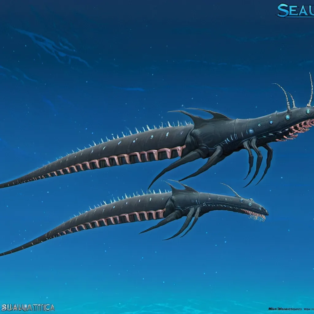 Prompt: Subnautica leviathan creature concept, really huge, lives in the void biome, has front claws and long spiked tell, sea dragon like, full image