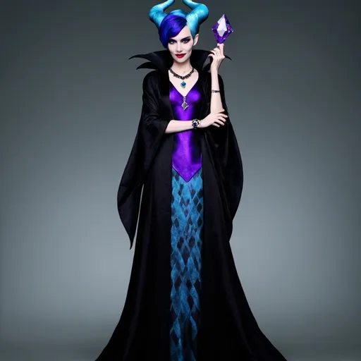 Prompt: Disney descendants, Maleficent and hades fusion, female, blue and purple hair wearing a black diamond necklace 