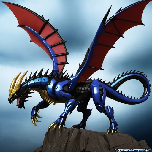 Prompt: Predacon, cybertronian dragon, black and blue, female, huge, long horns, huge wings