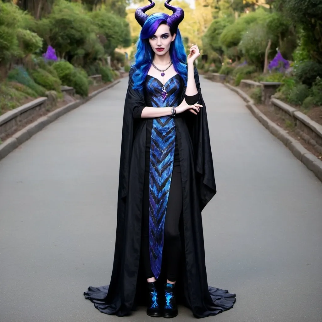 Prompt: Disney descendants, Maleficent and hades fusion, teenager female, blue and purple hair wearing a black diamond necklace 