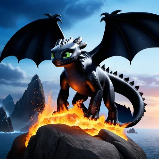 Prompt: Make night fury and monsterous nightmare hybrid from how to train your dragon, on fire, intimidating, hyper realistic, hyper detailed, standing on a rock, glowing with fire, night sky, 