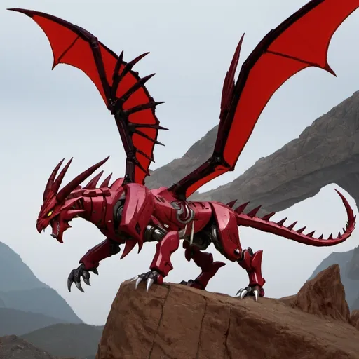 Prompt: Predacon, cybertronian dragon, crimson red, female, huge, long horns, huge wings