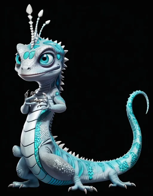 Prompt: Female monster inc lizard with silver scales, ocean blue eyes and turquoise markings 