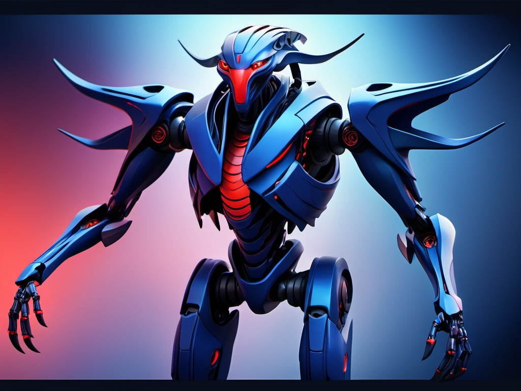 Prompt: Robot banshee from James Cameron's avatar with dark blue color and red gradient, avatar ikran