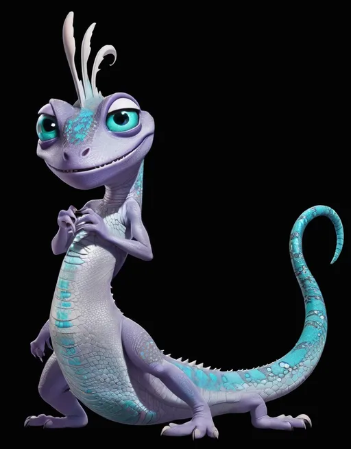 Prompt: Female monster inc lizard with silver scales, ocean blue eyes and turquoise markings 