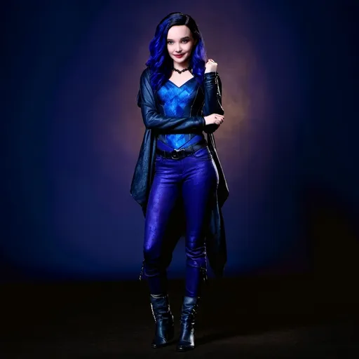 Prompt: Disney descendants, Maleficent and hades fusion, teenager female, blue and purple hair wearing a black diamond necklace 