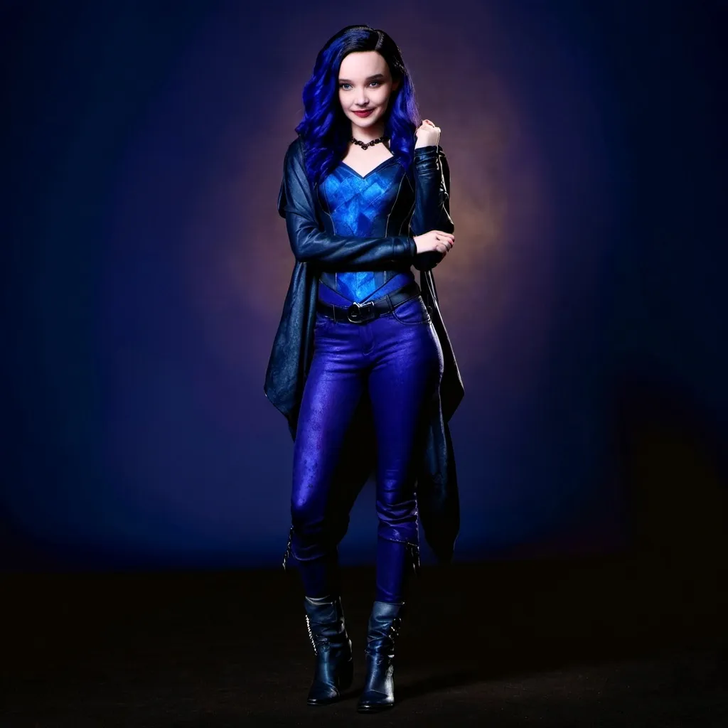 Prompt: Disney descendants, Maleficent and hades fusion, teenager female, blue and purple hair wearing a black diamond necklace 