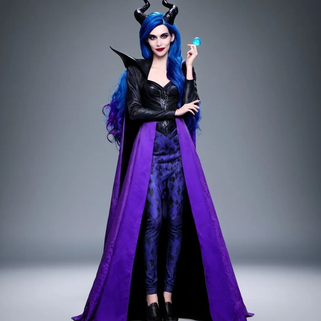 Prompt: Disney descendants, Maleficent and hades fusion, female, child, blue and purple hair 