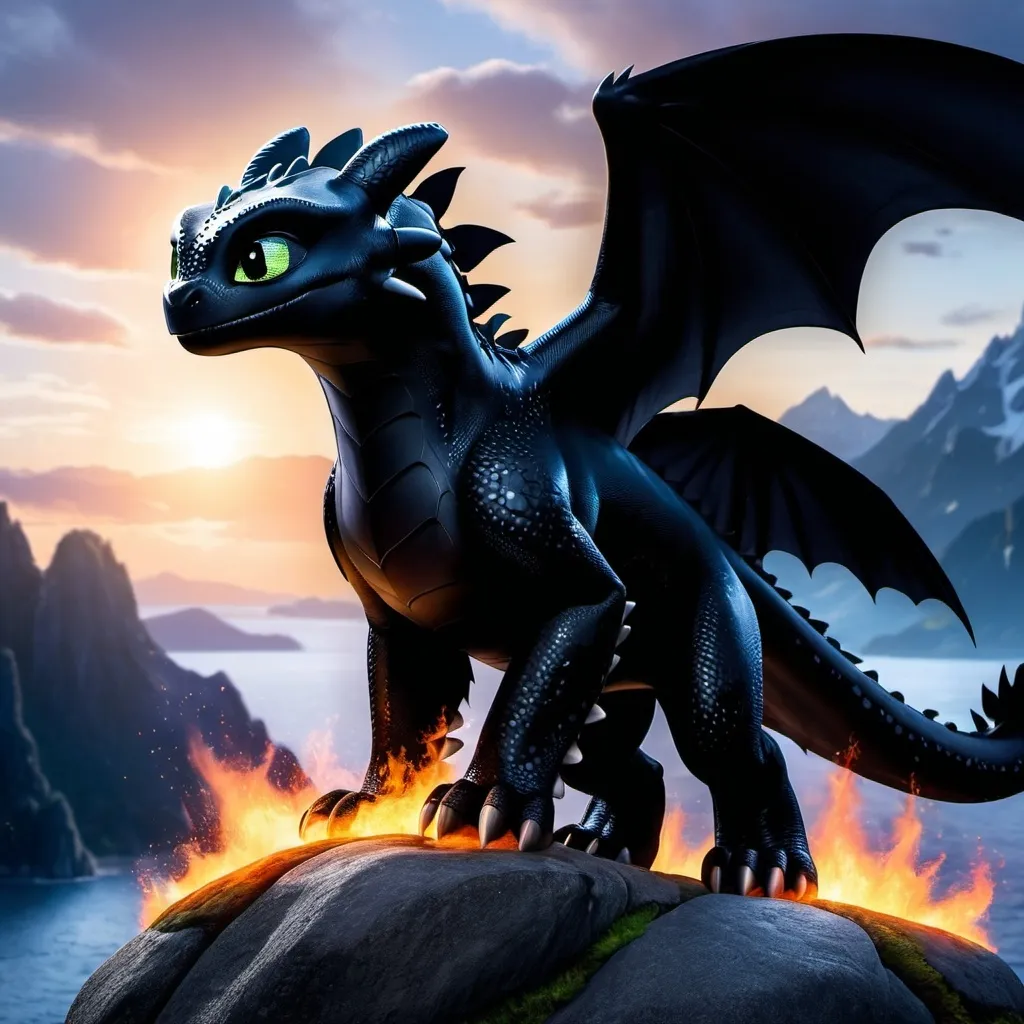 Prompt: Make night fury hybrid from how to train your dragon, on fire, intimidating, hyper realistic, hyper detailed, standing on a rock, glowing with fire, night sky, 