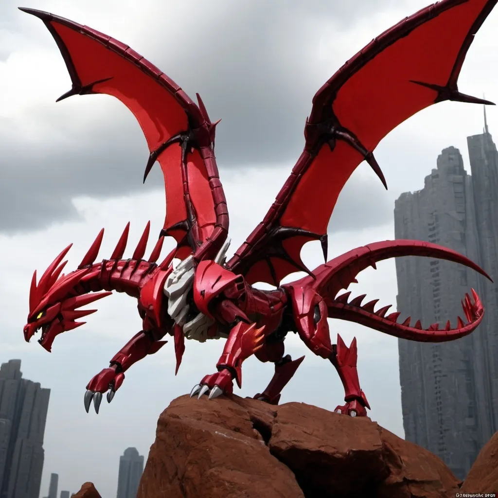 Prompt: Predacon, cybertronian dragon, crimson red, female, huge, long horns, huge wings