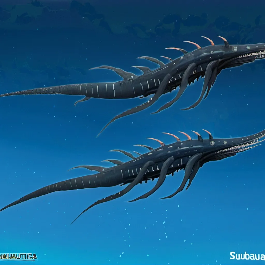 Prompt: Subnautica leviathan creature concept, really huge, lives in the void biome, has front claws and long spiked tell, sea dragon like