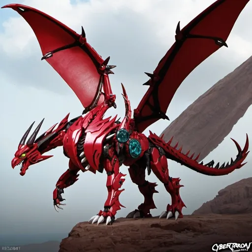 Prompt: Predacon, cybertronian dragon, crimson red, female, huge, long horns, huge wings