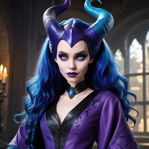 Prompt: Disney descendants, Maleficent and hades fusion, female, child, blue and purple hair 