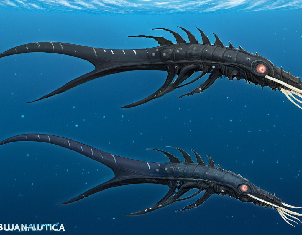 Prompt: Subnautica leviathan creature concept, really huge, lives in the void biome, has front claws and long spiked tell, sea dragon, full image