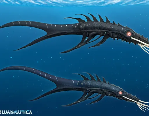 Prompt: Subnautica leviathan creature concept, really huge, lives in the void biome, has front claws and long spiked tell, sea dragon, full image